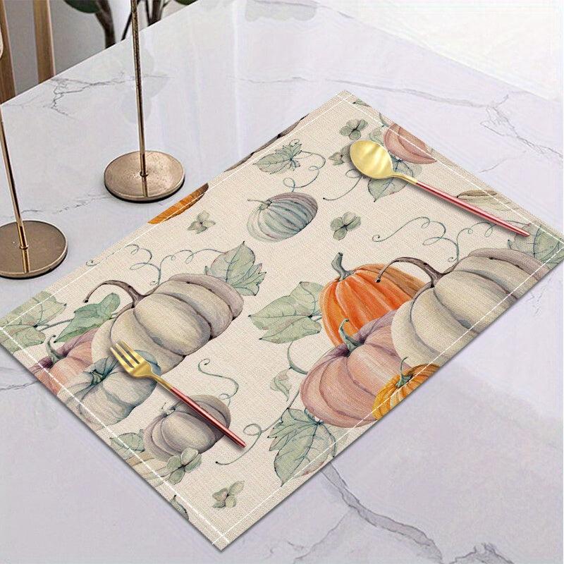 4pcs Pumpkin Vine Thanksgiving Print Linen Placemat Non-slip Heat Insulat