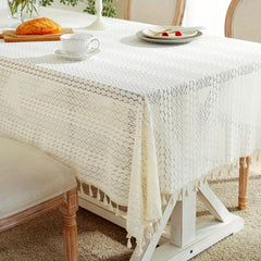Boho Crochet Lace Tablecloth with Tassel Farmhouse Style