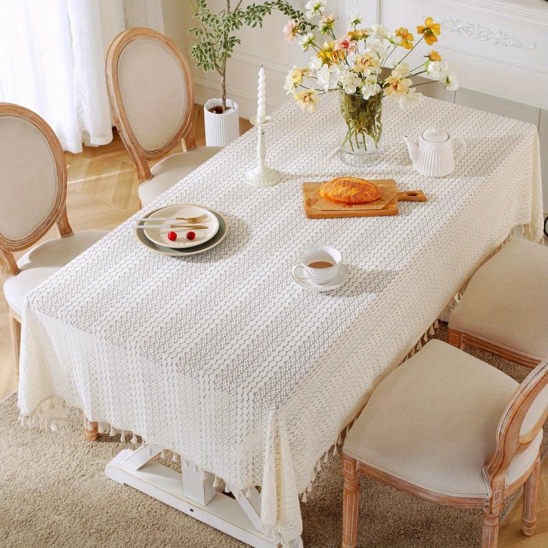 Boho Crochet Lace Tablecloth with Tassel Farmhouse Style