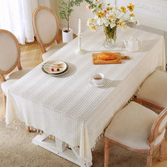 Boho Crochet Lace Tablecloth with Tassel Farmhouse Style