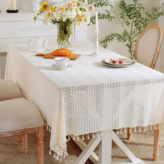 Boho Crochet Lace Tablecloth with Tassel Farmhouse Style