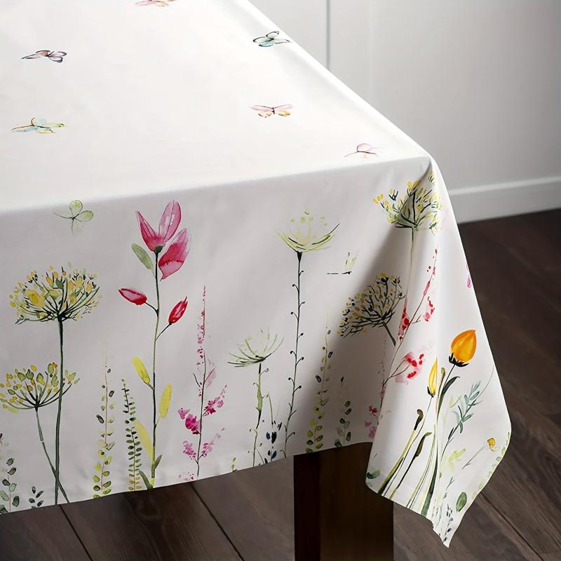 Butterfly & Floral Pattern Tablecloth, Stain Resistant Polyester Tablecloth