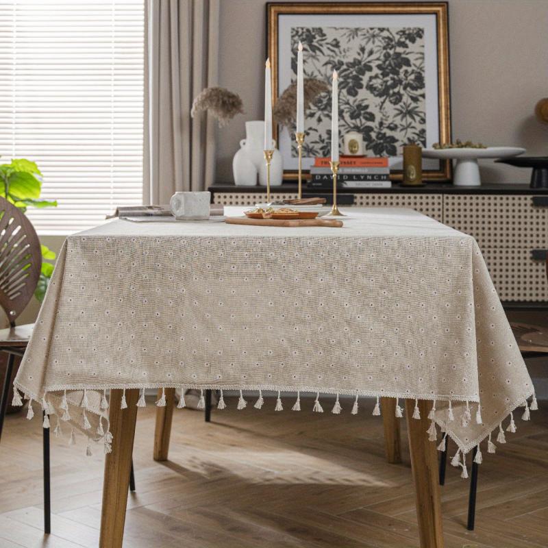 Farmhouse Style Linen Chrysanthemum Tablecloth Beige Fringe