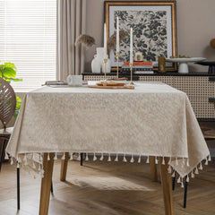 Farmhouse Style Linen Chrysanthemum Tablecloth Beige Fringe