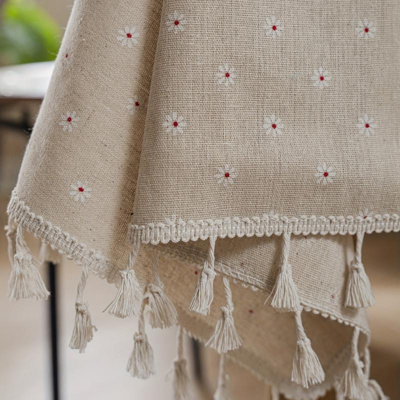 Farmhouse Style Linen Chrysanthemum Tablecloth Beige Fringe