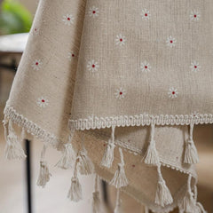 Farmhouse Style Linen Chrysanthemum Tablecloth Beige Fringe