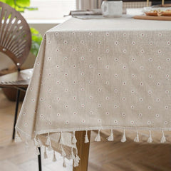 Farmhouse Style Linen Chrysanthemum Tablecloth Beige Fringe