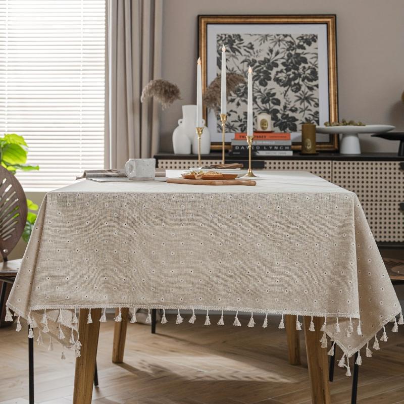Farmhouse Style Linen Chrysanthemum Tablecloth Beige Fringe