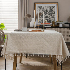 Farmhouse Style Linen Chrysanthemum Tablecloth Beige Fringe