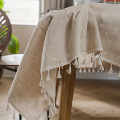 Farmhouse Style Linen Chrysanthemum Tablecloth Beige Fringe