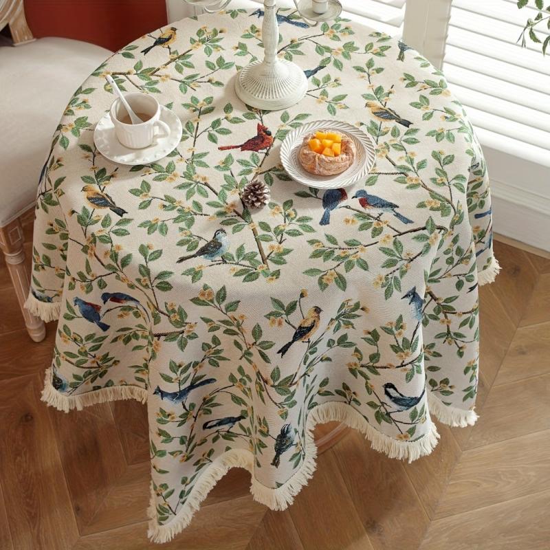 Chinese Bird Embroidery Knitted Tablecloth Rustic Farmhouse Decor