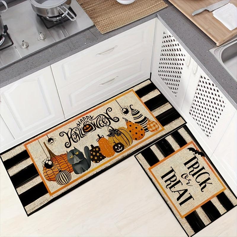 2pcs Pumpkin Bat Kitchen Mat Happy Halloween Mat Upholstered Anti Fatigue Kitche