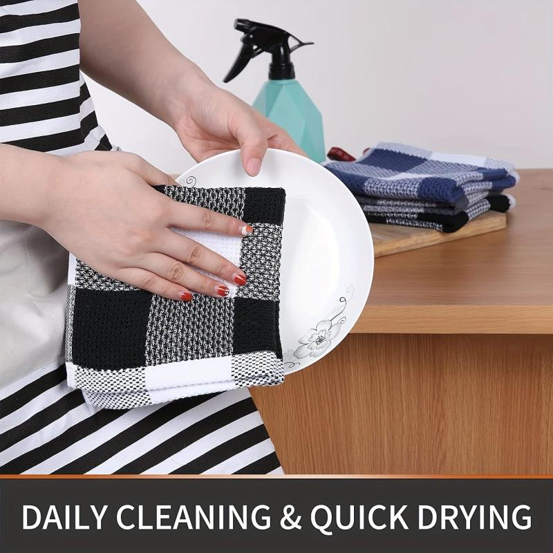 4pcs Waffle Weave Check Plaid Dish Cloths Soft Absorbent Towels Quick Drying