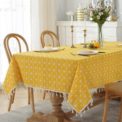 Western Geometric Linen Tablecloth with Fringe for Dining