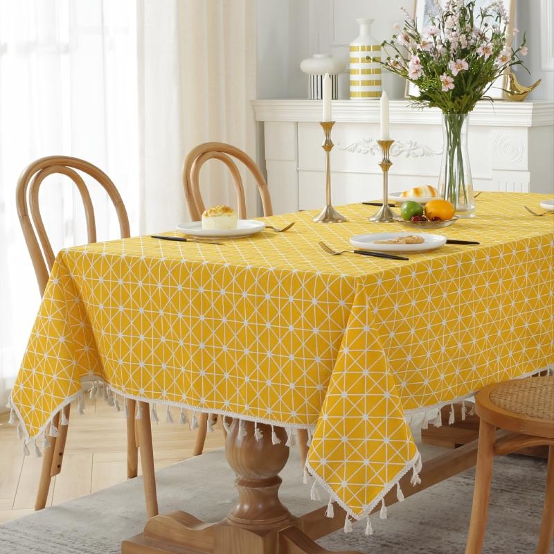 Western Geometric Linen Tablecloth with Fringe for Dining