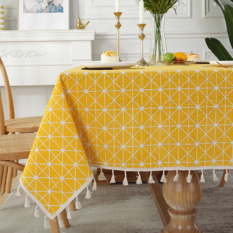 Western Geometric Linen Tablecloth with Fringe for Dining