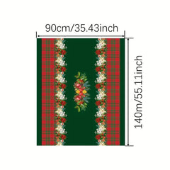 Polyester Tablecloth Merry Christmas Red Green Plaid Bell Floral Pattern