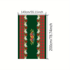 Polyester Tablecloth Merry Christmas Red Green Plaid Bell Floral Pattern
