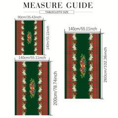 Polyester Tablecloth Merry Christmas Red Green Plaid Bell Floral Pattern