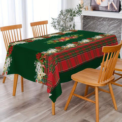 Polyester Tablecloth Merry Christmas Red Green Plaid Bell Floral Pattern
