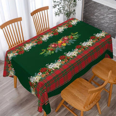 Polyester Tablecloth Merry Christmas Red Green Plaid Bell Floral Pattern