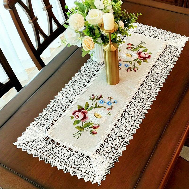 Embroidered Flowers Table Runner with Lace Tassel Home Decor