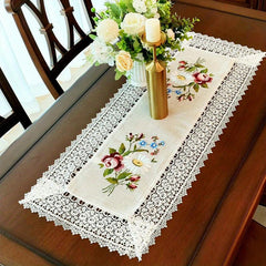 Embroidered Flowers Table Runner with Lace Tassel Home Decor