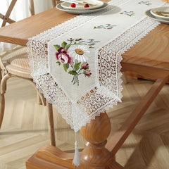 Embroidered Flowers Table Runner with Lace Tassel Home Decor