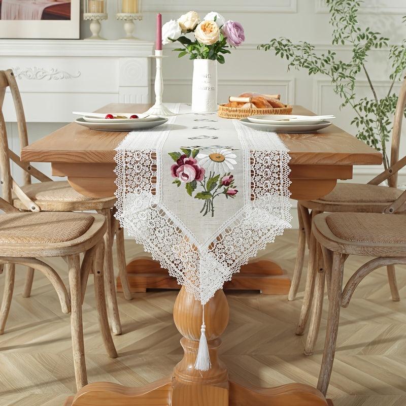 Embroidered Flowers Table Runner with Lace Tassel Home Decor