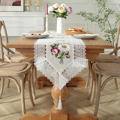 Embroidered Flowers Table Runner with Lace Tassel Home Decor