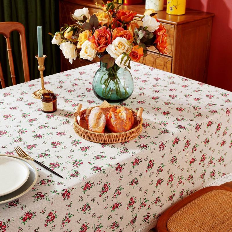 Red Rose Floral Lace Macrame Tablecloth - Stain Resistant Washable