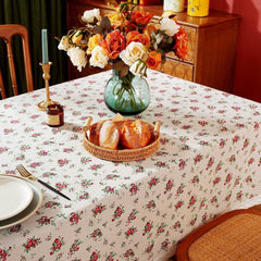 Red Rose Floral Lace Macrame Tablecloth - Stain Resistant Washable