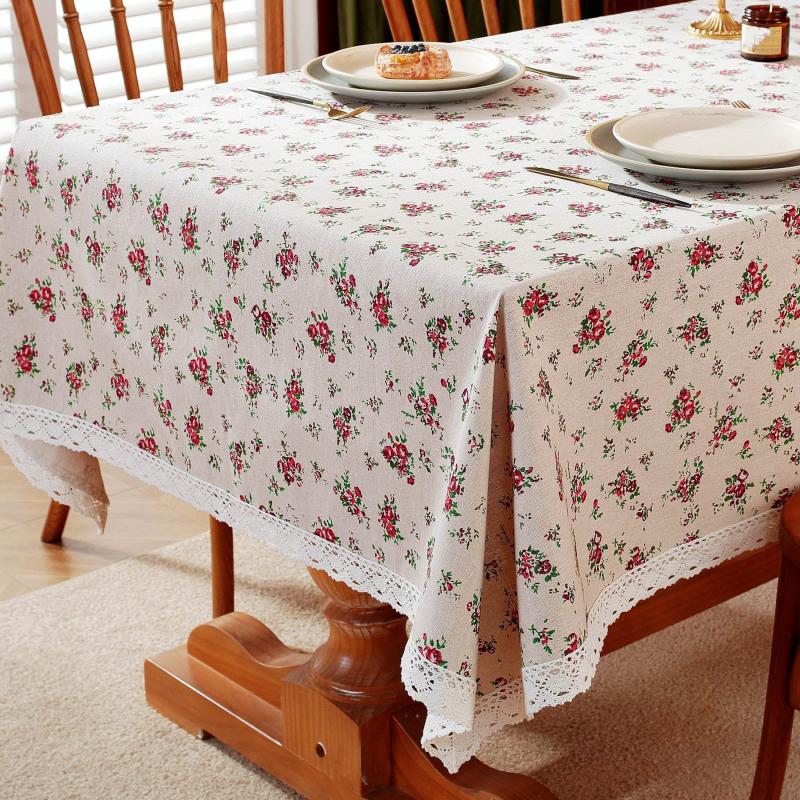 Red Rose Floral Lace Macrame Tablecloth - Stain Resistant Washable