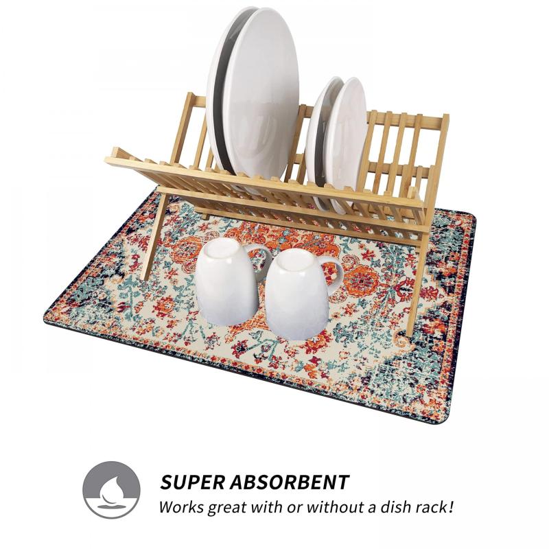Non Slip Absorbent Boho Dish Drying Mat Soft Rubber Draining Pad