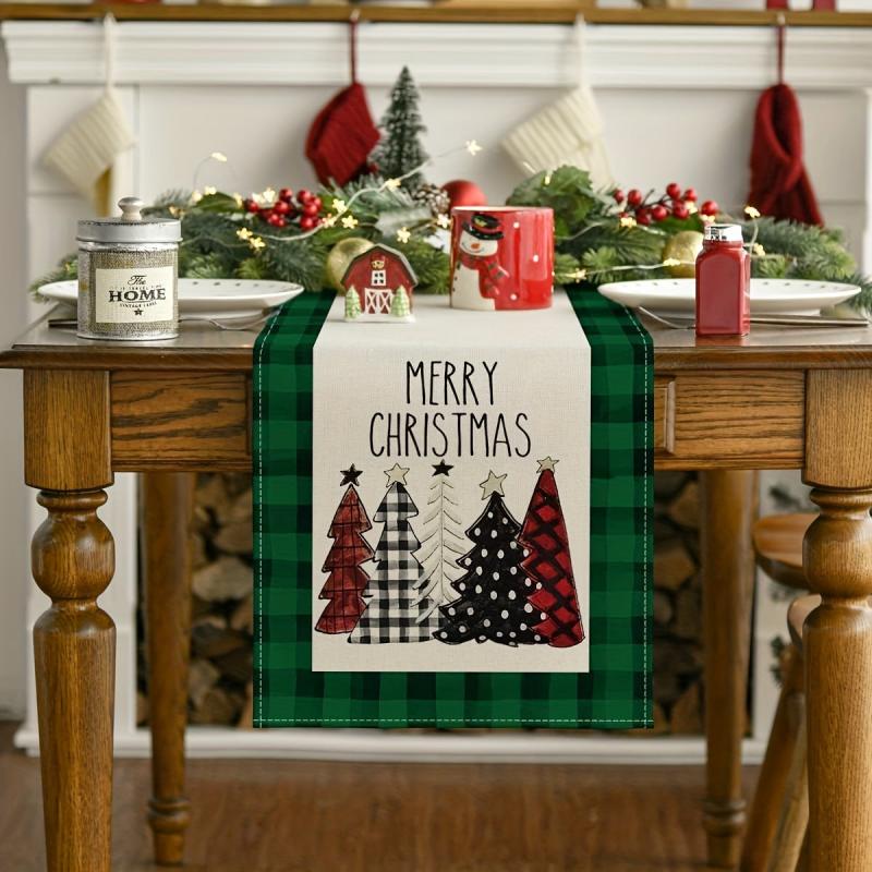 Watercolor Plaid Christmas Tree Table Runner - Festive Holiday Decoration