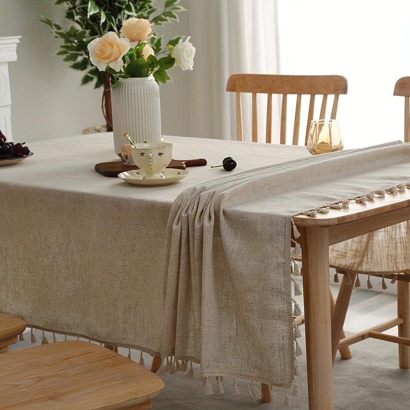 Boho Linen Tablecloth with Tassels - Beige