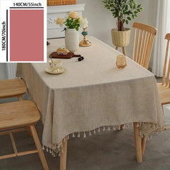 Boho Linen Tablecloth with Tassels - Beige