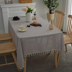 Boho Linen Tablecloth with Tassels - Beige