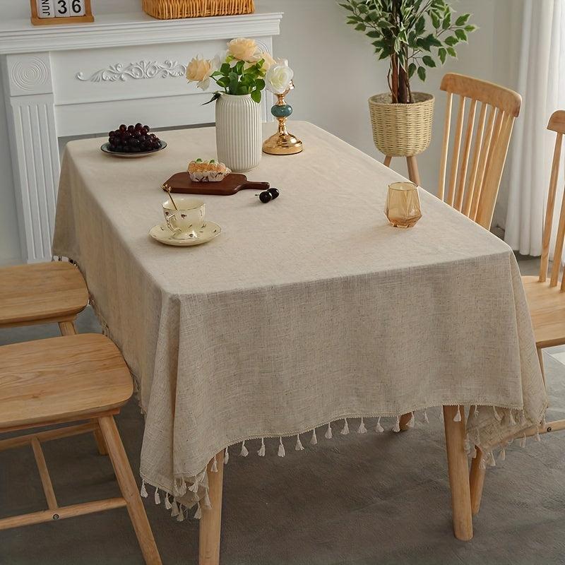 Boho Linen Tablecloth with Tassels - Beige