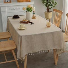Boho Linen Tablecloth with Tassels - Beige