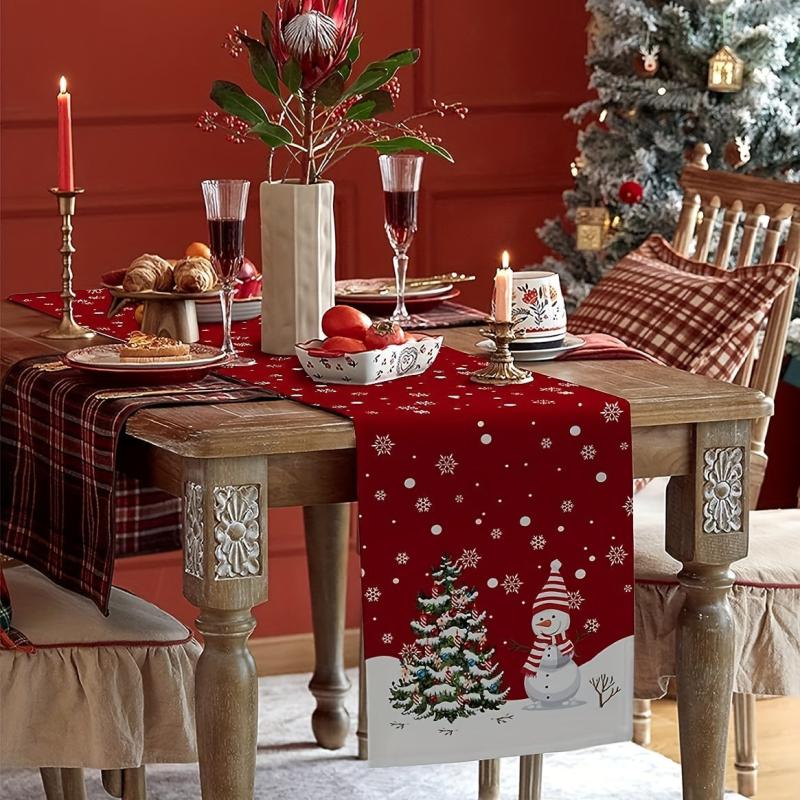 Christmas Red Plaid Snowman Linen Table Runner