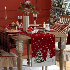 Christmas Red Plaid Snowman Linen Table Runner