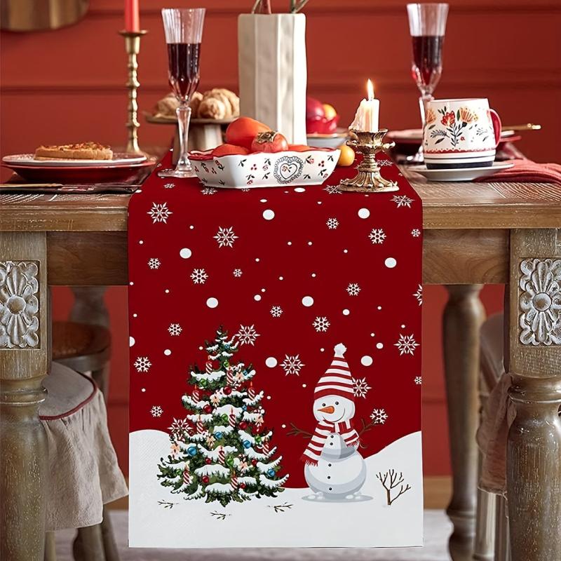Christmas Red Plaid Snowman Linen Table Runner