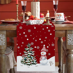 Christmas Red Plaid Snowman Linen Table Runner