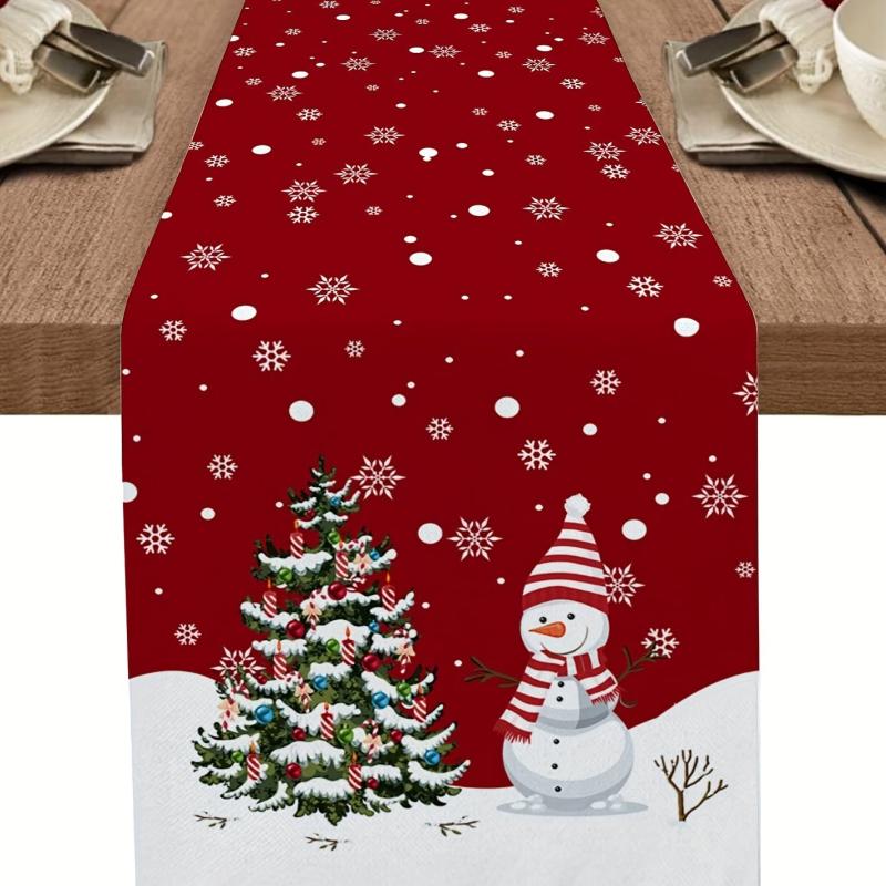 Christmas Red Plaid Snowman Linen Table Runner