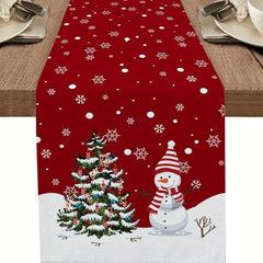 Christmas Red Plaid Snowman Linen Table Runner
