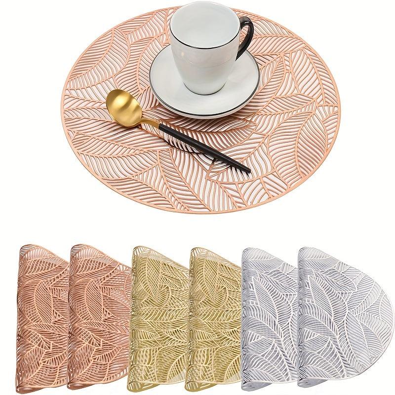 6pcs Round Leaf PVC Placemats Washable Anti-slip Heat Insulation Pads