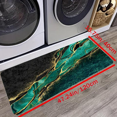 Dark Green Marble Print Kitchen Rug Non-Slip Water Resistant Long Strip Mat