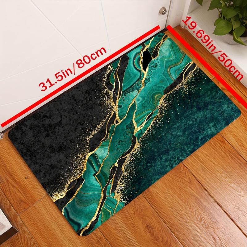 Dark Green Marble Print Kitchen Rug Non-Slip Water Resistant Long Strip Mat