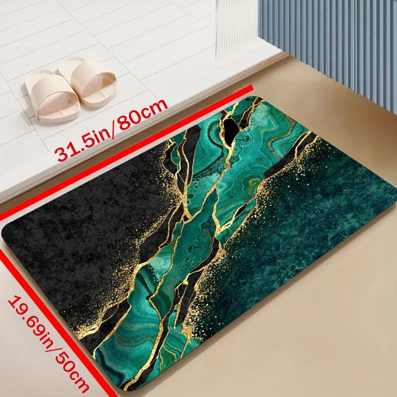 Dark Green Marble Print Kitchen Rug Non-Slip Water Resistant Long Strip Mat